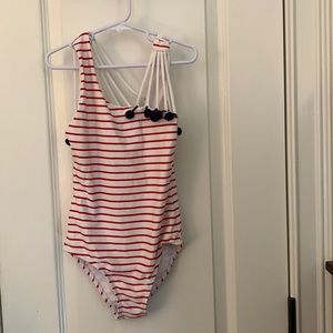 Red, White stripe Girls swimsuit with Blue Pom-poms